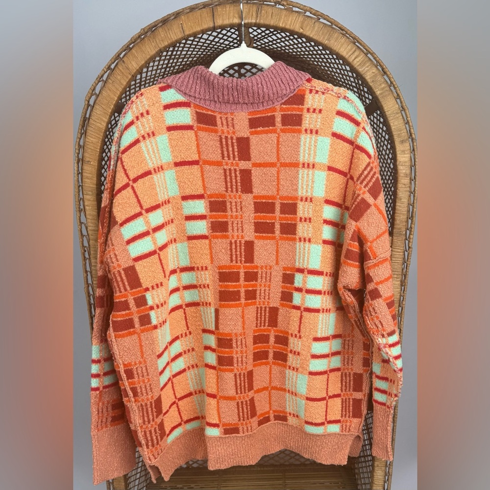 Free People Ruben Pullover Sweater Orange Plaid Oversized Boho Size M - Picture 8 of 10